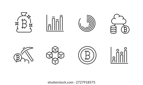 Conjunto de ícones criptomoeda com bitcoin mining, blockchain e visualização de dados