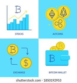 Cryptocurrency icon set in flat style. Altcoins, bitcoin wallet, exchange to dollar, bitcoin market symbols. Vector illustration.