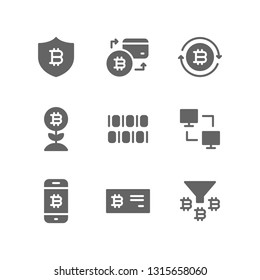 Cryptocurrency icon set including bitcoin, protection, credit, card, transfer, investment, blockchain, binary, p2p, smartphone, conversion