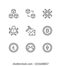 Cryptocurrency icon set including blockchain, encryption, mining, crypto, bitcoin, litecoin, monero, lock, ethereum, cyber