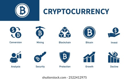 Cryptocurrency icon. Set of solid vector icons on cryptocurrency, digital technology, security, financial business, mining, bitcoin.