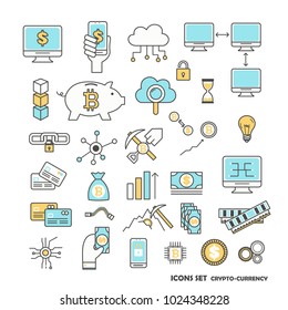 Cryptocurrency icon set. Vector modern thin line flat style design elements, symbols isolated on white background.