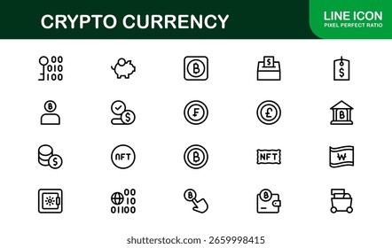Conjunto de iconos de criptomonedas en estilo Vector con blockchain, billeteras digitales, monedas, minería y símbolos de intercambio