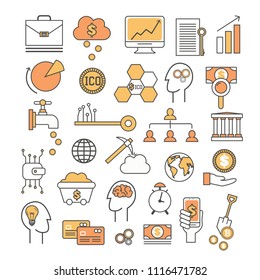 Cryptocurrency icon set. Vector thin line art flat style design elements isolated on white background.