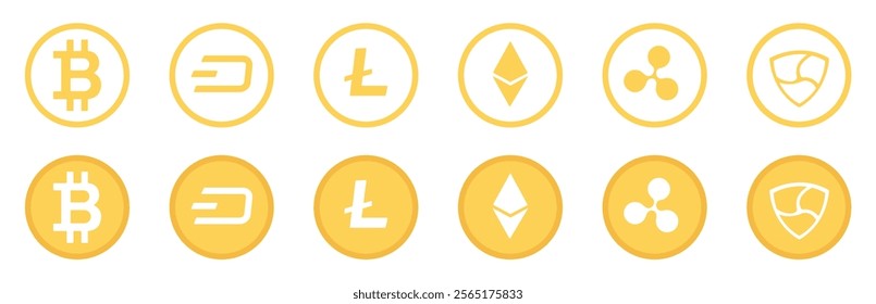 Cryptocurrency icon set in yellow color on white background. Token cryptocurrency collection. Crypto-Currency coins collection:  Bitcoin, Dash, Litecoin, Ethereum, Ripple and   Nem cryptocurrencies.