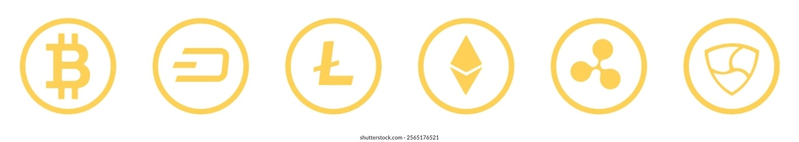 Cryptocurrency icon set in yellow color on white background. Token cryptocurrency collection. Crypto-Currency coins collection:  Bitcoin, Dash, Litecoin, Ethereum, Ripple and   Nem cryptocurrencies.