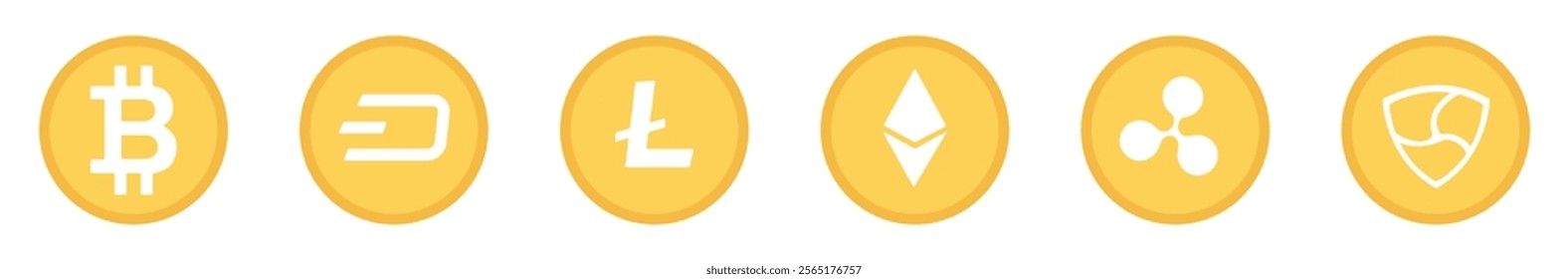 Cryptocurrency icon set in yellow color on white background. Token cryptocurrency collection. Crypto-Currency coins collection:  Bitcoin, Dash, Litecoin, Ethereum, Ripple and   Nem cryptocurrencies.