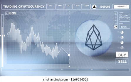 Cryptocurrency icon trading interface design on blue background:EOS icon