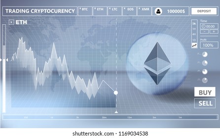 Cryptocurrency icon trading interface design on blue background:ETH icon