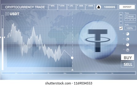Cryptocurrency icon trading interface design on blue background:USDT icon
