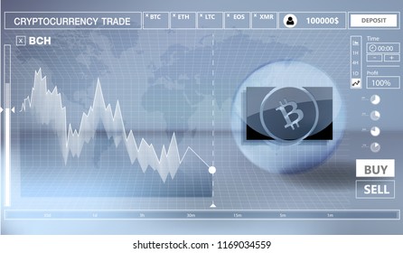 Cryptocurrency icon trading interface design on blue background:BCH icon