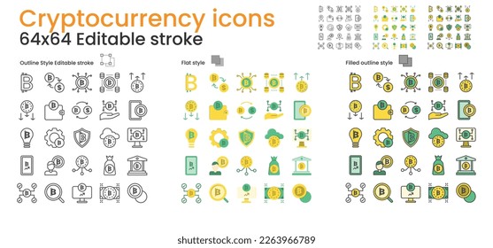 Cryptocurrency icons. 64x64 editable stroke