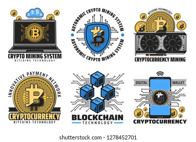 Cryptocurrency icons of bitcoin mining, digital wallet and blockchain financial technologies. Digital money golden coin, computer, laptop and mobile phone, bitcoin farm and cloud mining vector symbols