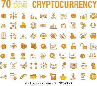 cryptocurrency icons, digital mining  currency. flat and filled outline concept. editable stroke