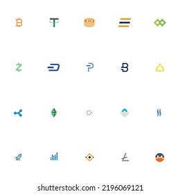 Cryptocurrency icons flat set isolated vector illustration on white background. 