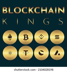 Cryptocurrency icons in the form of gold coins that designers can use in their projects include bitcoin etherium and many logos blockchain kings designed with yellow harmony on gray background