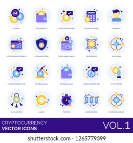 Cryptocurrency icons including altcoins, bitcoin wallet, calculator, anonymity, encryption, decentralized, blockchain, ethereum, mining, litecoin, multi signature, halving, timestamp, ordered record.