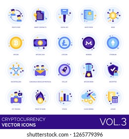 Cryptocurrency icons including peer-to-peer, contract, digital key, paper, node, litecoin, monero, ethereum, decentralized, consensus modular protocol, stellar, mixer, encrypted, OTC, stocks, ledger.