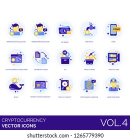 Cryptocurrency icons including permissioned, blockchain, fiat money, coin faucet, fomo, distributed, ICO, work, proof, stake, whale, payment system, capacity, cryptographic signature, know your miner.