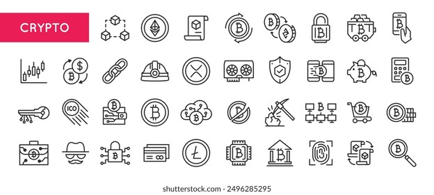 Cryptocurrency icons. Large set of cryptocurrency trendy minimal icons. Bitcoin, Ethereum, Blockchain, Wallet, Mining icon. Design signs for web page, mobile app, packaging design. Vector illustration