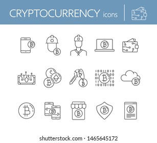 Cryptocurrency icons. Line icons collection on white background. Bitcoin website, password, e-wallet. Mining concept. Vector illustration can be used for topic like finance, internet, banking