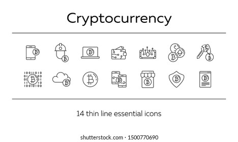 Cryptocurrency icons. Line icons collection on white background. Bitcoin website, password, e-wallet. Mining concept. Vector illustration can be used for topic like finance, internet, banking