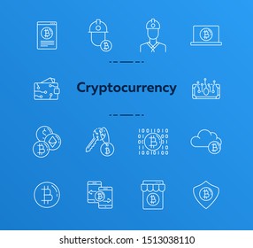 Cryptocurrency icons. Line icons collection on white background. Bitcoin website, password, e-wallet. Mining concept. Vector illustration can be used for topic like finance, internet, banking