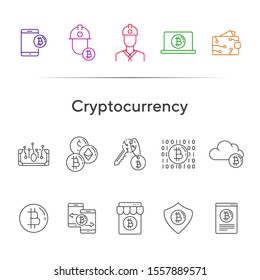 Cryptocurrency icons. Line icons collection on white background. Bitcoin website, password, e-wallet. Mining concept. Vector illustration can be used for topic like finance, internet, banking