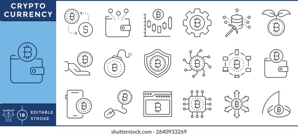Cryptocurrency icons pack. 18 line icons. Vector editable stroke. Bitcoin, invest, mining, computer, market, digital.