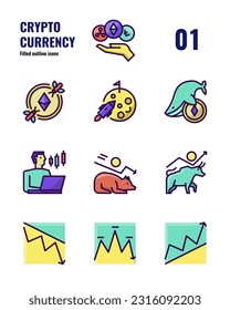 Iconos de criptodivisa establecidos 1. Acciones, signo de negociación y objeto. aislamiento de iconos de esquema relleno en fondo blanco
