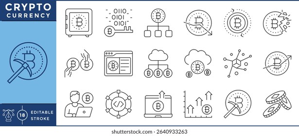 Cryptocurrency icons set. 18 line icons. Vector editable stroke. Mining, blockchain, market value, currency.