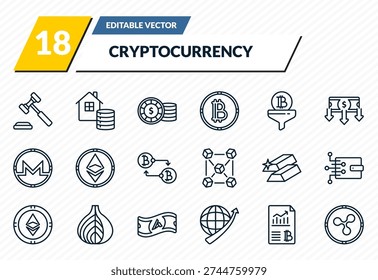 cryptocurrency icons set - auction hammer, as, casino chips, crypto hash rate, ripple outline vector collection.
