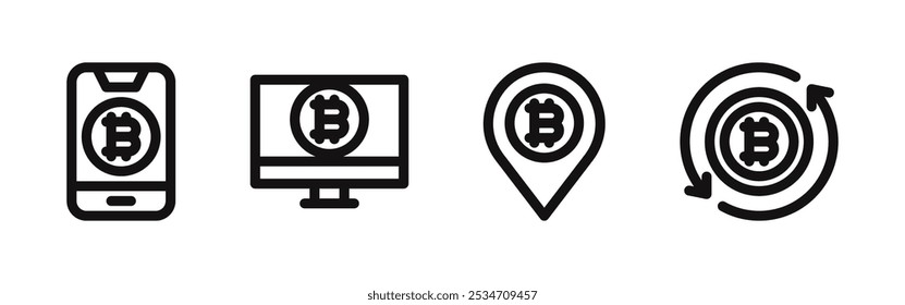 Conjunto de iconos de criptomonedas. Bitcoin, blockchain, cripto, ubicación de intercambio. Ilustración vectorial.