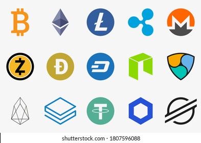 Cryptocurrency icons set. Bitcoin, Ethereum, Litecoin, Ripple, Monero, Zcash, Dogecoin, DASH, NEO, NEM, EOS, Stratis, Tether, ChainLink, Stellar.