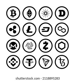 Cryptocurrency icons set. Bitcoin, Ethereum, Cardano, Dogecoin, Ripple, Litecoin, Dash, Polygon, Monero, Iota, Zcash, Chainlink, BNB, Tether, TRON, Tezos coins icons. Flat Vector illustration - Vector