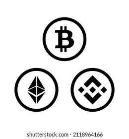 Cryptocurrency icons set. Bitcoin, Ethereum, BNB coins icons. Flat Vector illustration - Vector