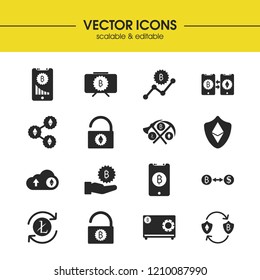 Cryptocurrency icons set with bitcoin, exchange and closed bitcoin elements. Set of cryptocurrency icons and cryptocurrency mining concept. Editable vector elements for logo app UI design.