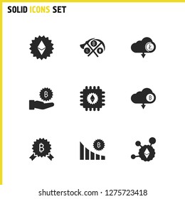Cryptocurrency icons set with bitcoin mark, hand bitcoin, download litecoin elements. Set of cryptocurrency icons and cryptocurrency mining concept. Editable vector elements for logo app UI design.
