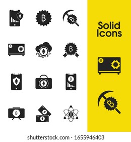 Cryptocurrency icons set with bitcoin mining, mobile shield ethereum and digital money elements. Set of cryptocurrency icons and premium concept. Editable vector elements for logo app UI design.