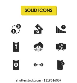 Cryptocurrency icons set with bitcoin presentation, mobile key and diagram elements. Set of cryptocurrency icons and telephone concept. Editable vector elements for logo app UI design.