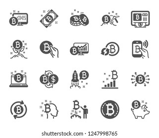 Cryptocurrency icons. Set of Blockchain, Crypto ICO start up and Bitcoin icons. Mining, Cryptocurrency exchange, gold pickaxe. Bitcoin ATM, crypto coins, financial ico markets, blockchain. Vector