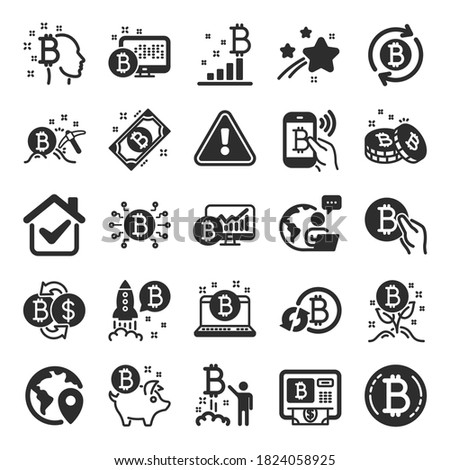 Cryptocurrency icons. Set of Blockchain, Crypto ICO start up and Bitcoin icons. Mining, Cryptocurrency exchange, gold pickaxe. Bitcoin ATM, crypto coins, financial ico markets, blockchain. Vector
