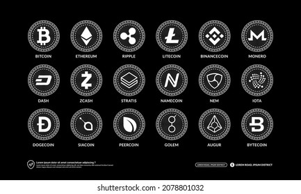 Cryptocurrency icons set, Blockchain technology, Coin and NFT token symbols, Isolated logo Bitcoin, Ethereum, Litecoin, Dogecoin, BNBcoin, Dash, Monero, Cardano, Stella, Ripple, Bytecoin, Zcash