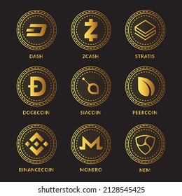 Cryptocurrency icons set, Blockchain technology, Coin and NFT token symbols, Isolated logo Bitcoin, Ethereum, Litecoin, Dogecoin, BNBcoin, Dash, Monero, Cardano, Ripple, Zcash
