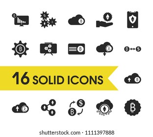 Cryptocurrency icons set with change bitcoin, blockchain and card bitcoin elements. Set of cryptocurrency icons and cellphone concept. Editable vector elements for logo app UI design.