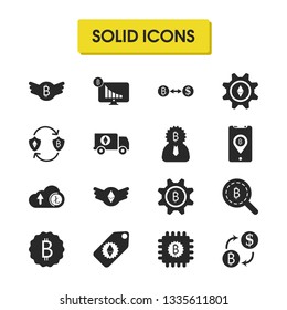 Cryptocurrency icons set with change bitcoin, upload litecoin and chip bitcoin elements. Set of cryptocurrency icons and design concept. Editable vector elements for logo app UI design.