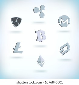 Cryptocurrency icons set. Cryptography currency. Bitcoin, Dash, Ethereum, litecoin, monero, nem, ripple silver coins. Financial technology. Digital currency. Blockchain for internet money.