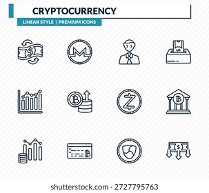 Conjunto de iconos de criptomonedas: circulan divisas, , codicia, banco, colección de Vector de esquema de flujo de dinero.