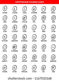 Cryptocurrency icons set for digital money. Symbols for using in web projects or mobile applications. Blockchain based secure. Isolated vector sign.