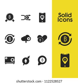 Cryptocurrency icons set with ethereum cloud, bitcoin safe and ethereum up elements. Set of cryptocurrency icons and investment concept. Editable vector elements for logo app UI design.